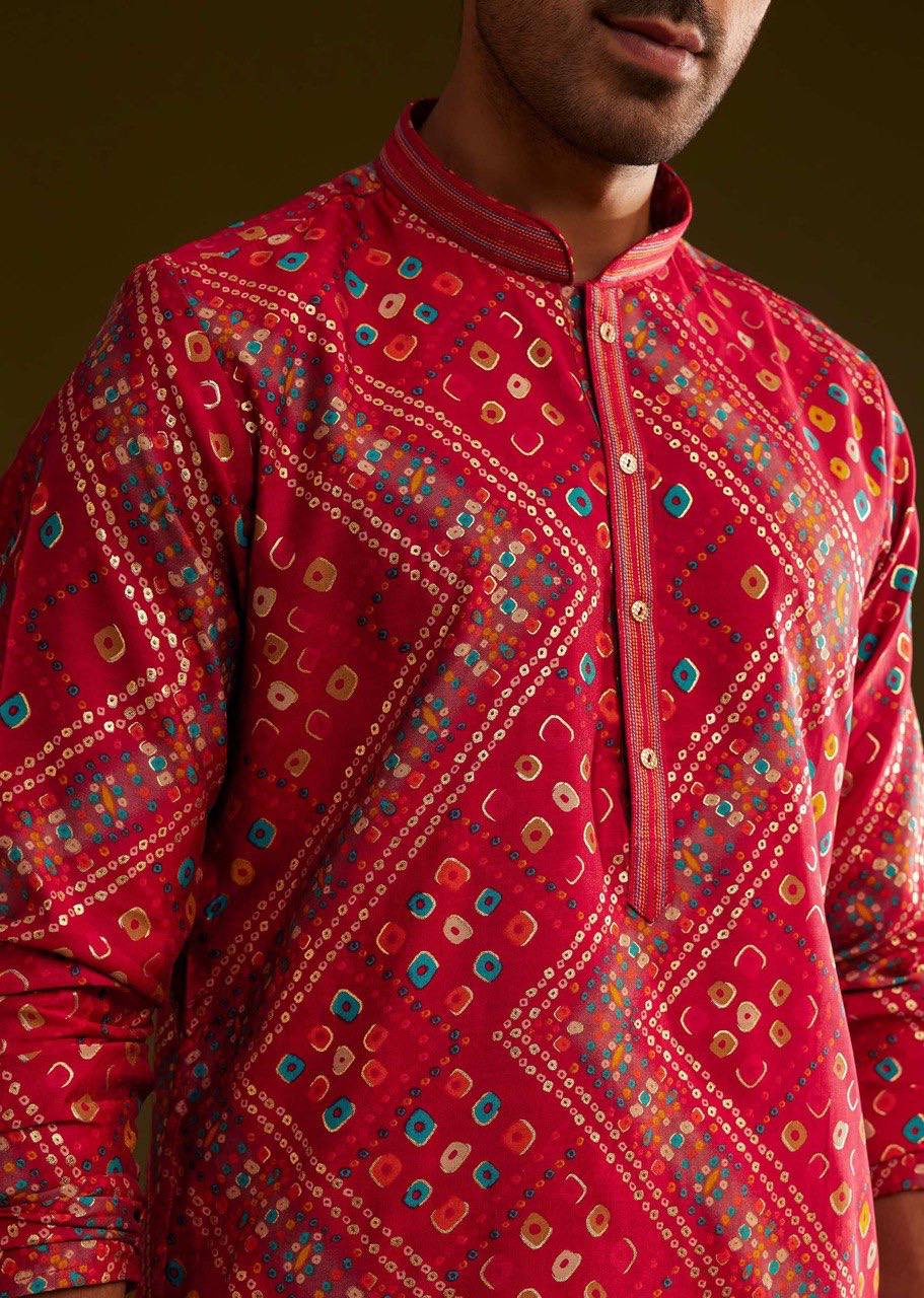 RED SILK BANDHANI PRINTED KURTA WITH PAJAMA