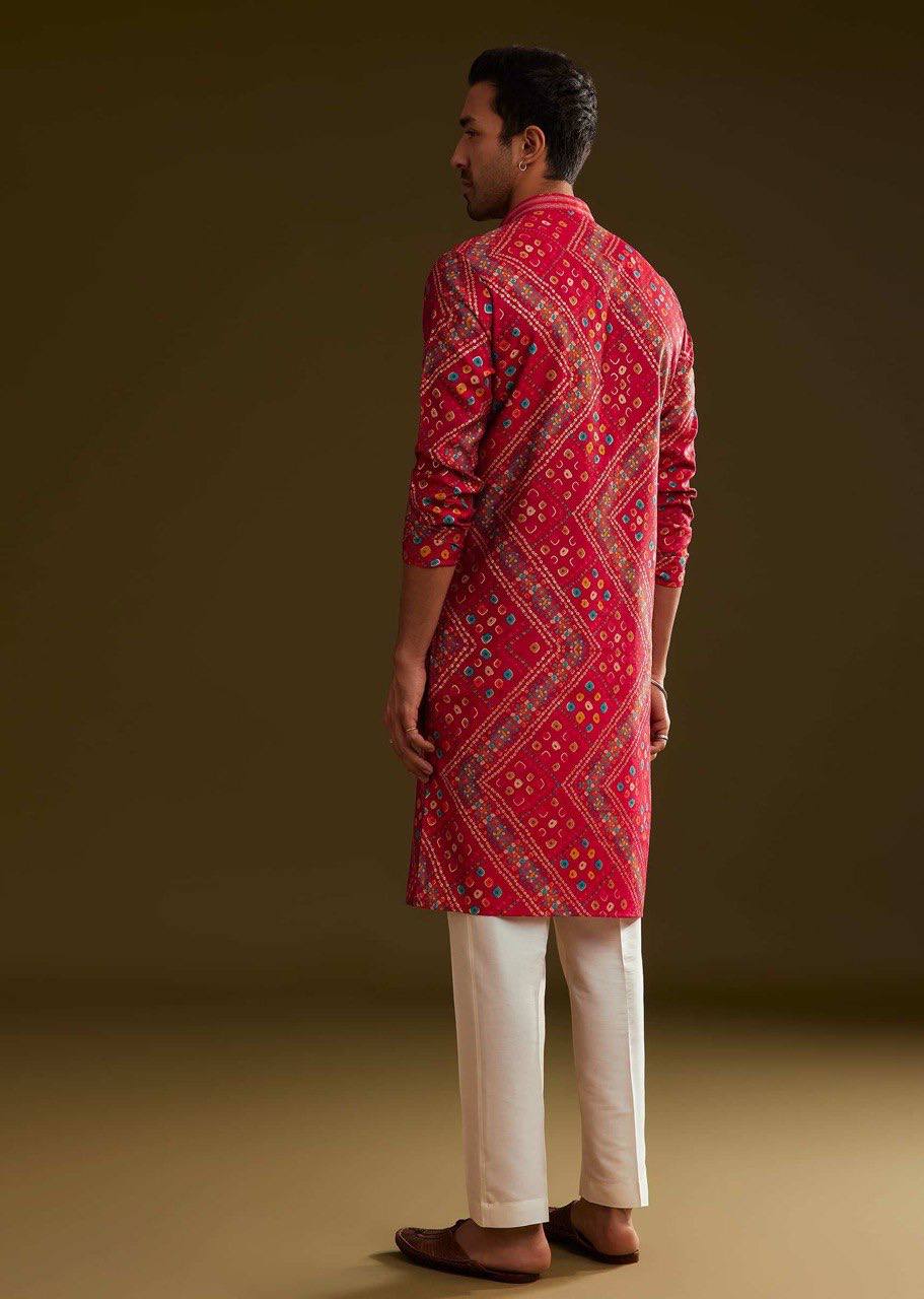 RED SILK BANDHANI PRINTED KURTA WITH PAJAMA