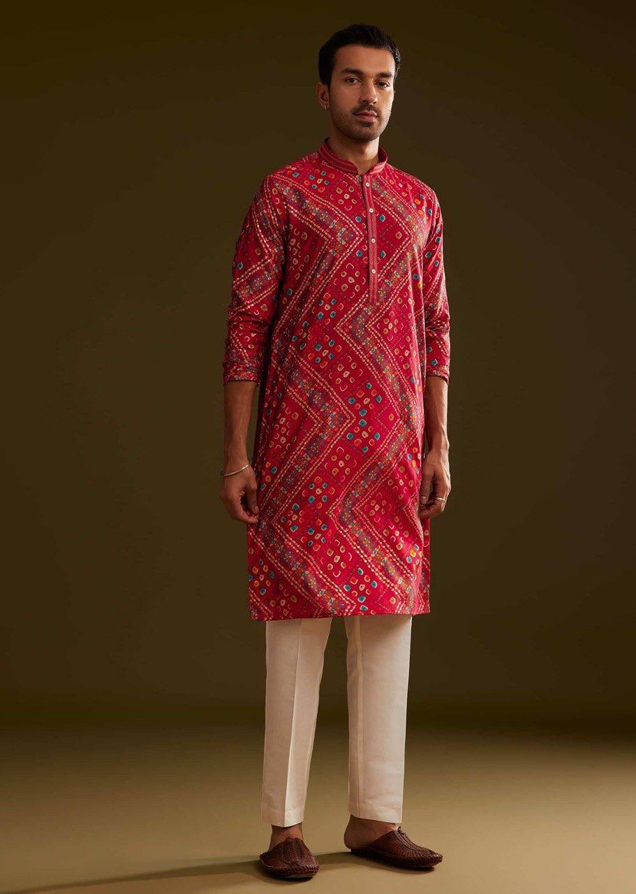 RED SILK BANDHANI PRINTED KURTA WITH PAJAMA