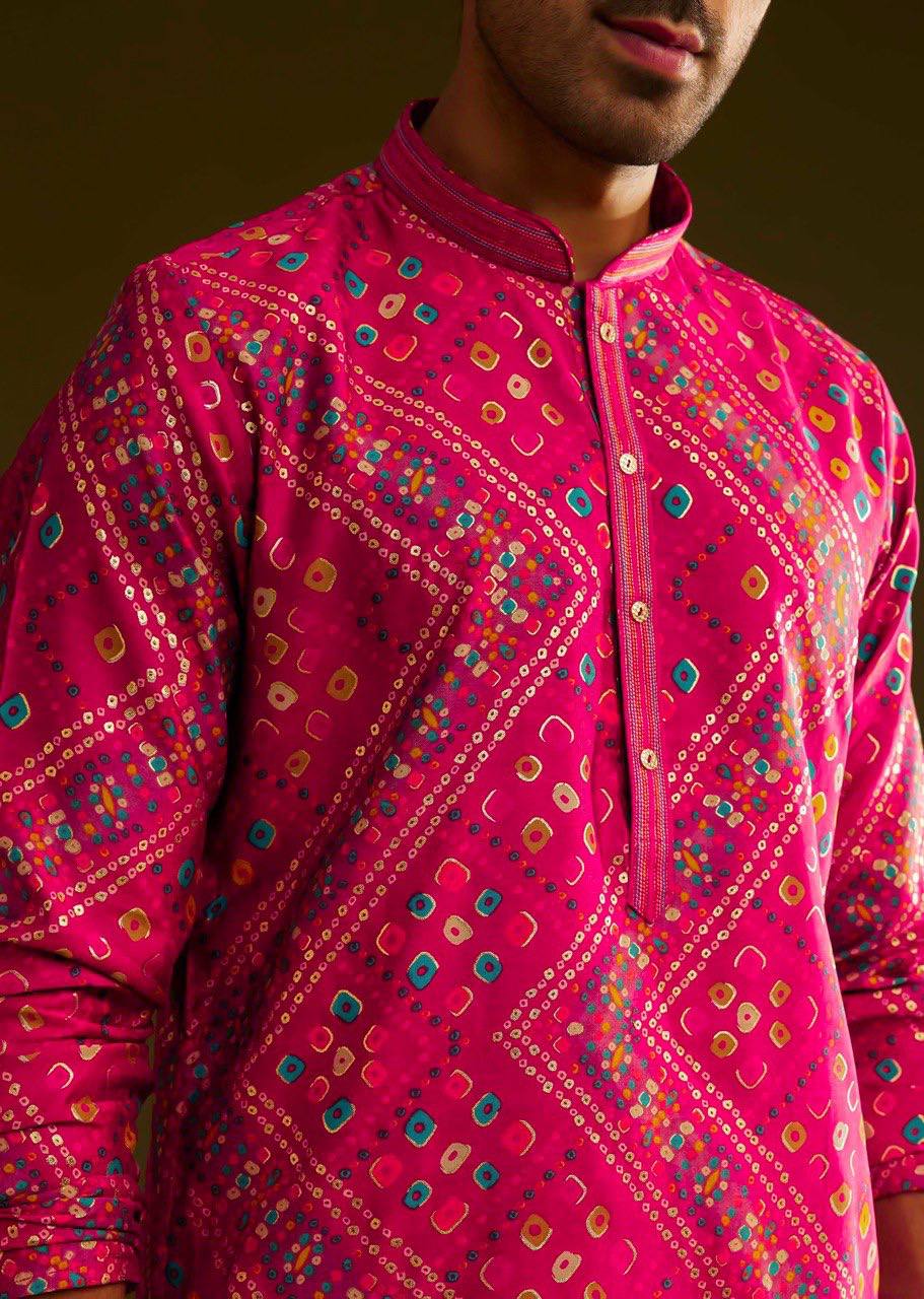 RED SILK BANDHANI PRINTED KURTA WITH PAJAMA