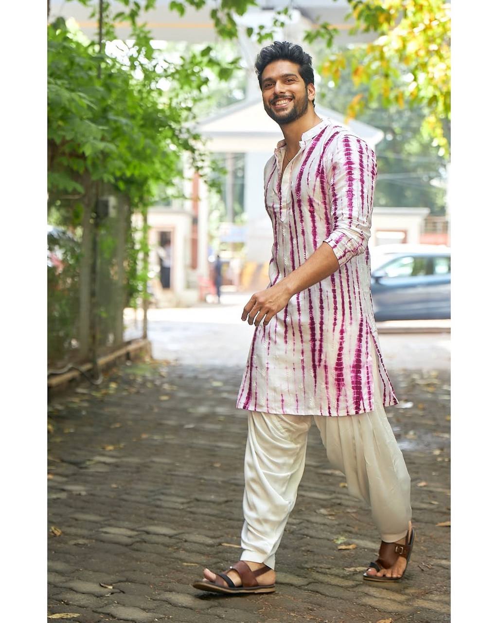 PURPLE TIE & DYE WORK KURTA PAJAM SET FOR MEN