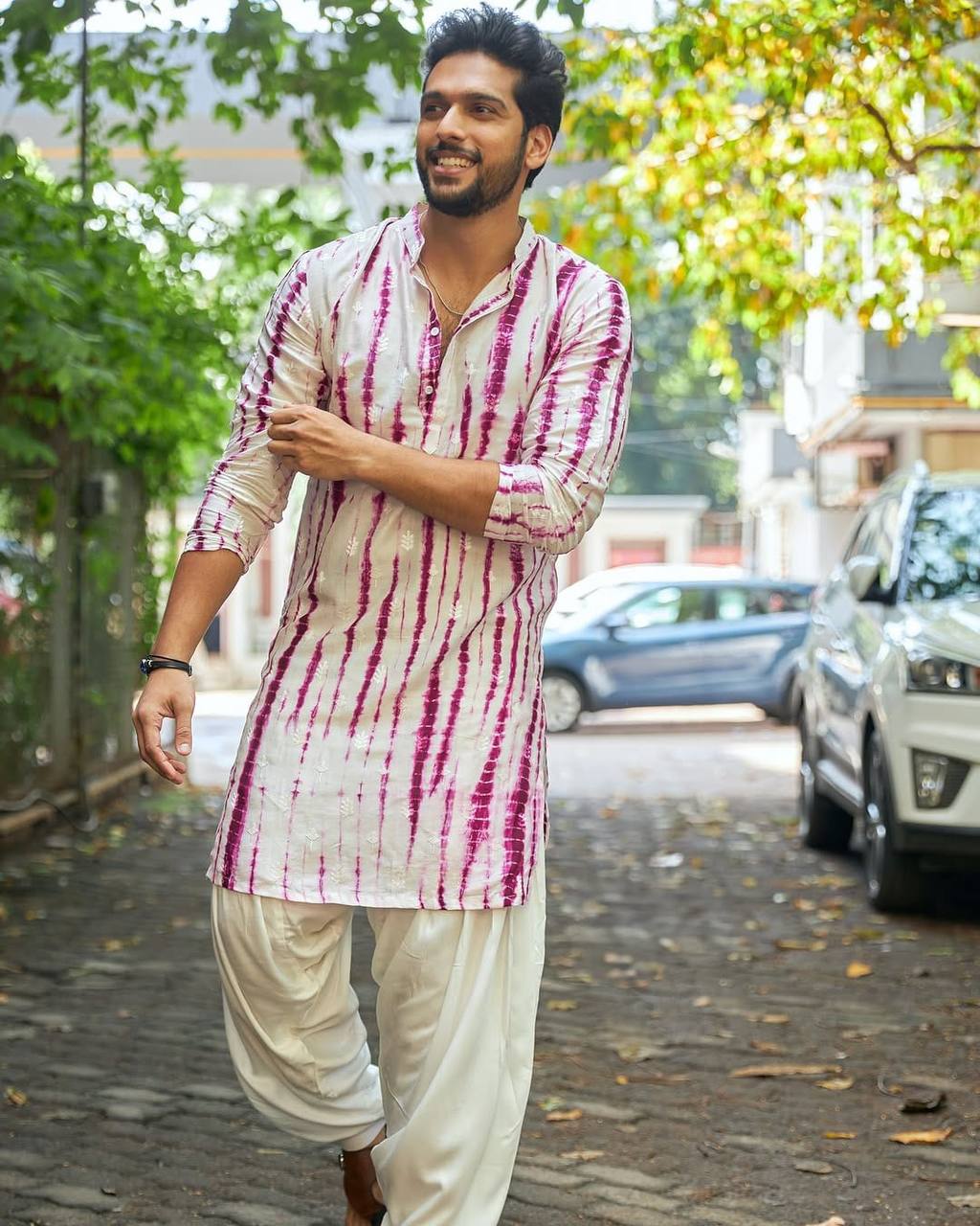 PURPLE TIE & DYE WORK KURTA PAJAM SET FOR MEN