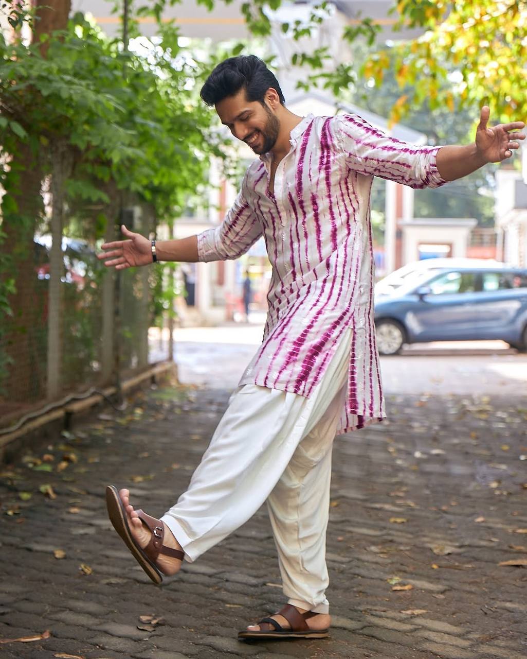 PURPLE TIE & DYE WORK KURTA PAJAM SET FOR MEN