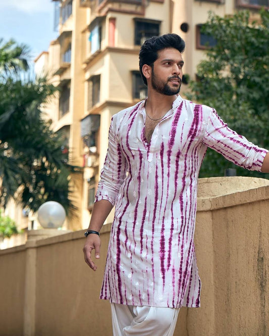 PURPLE TIE & DYE WORK KURTA PAJAM SET FOR MEN
