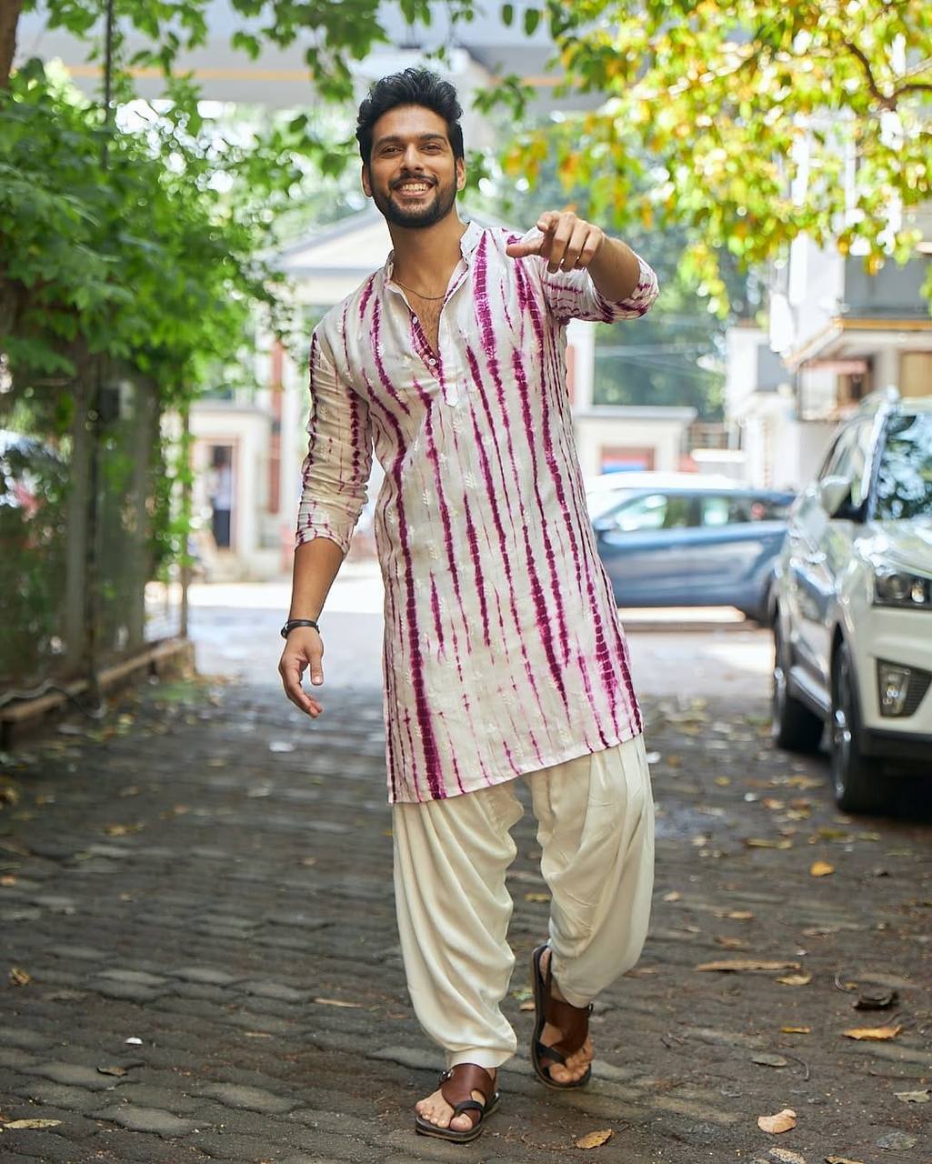 PURPLE TIE & DYE WORK KURTA PAJAM SET FOR MEN