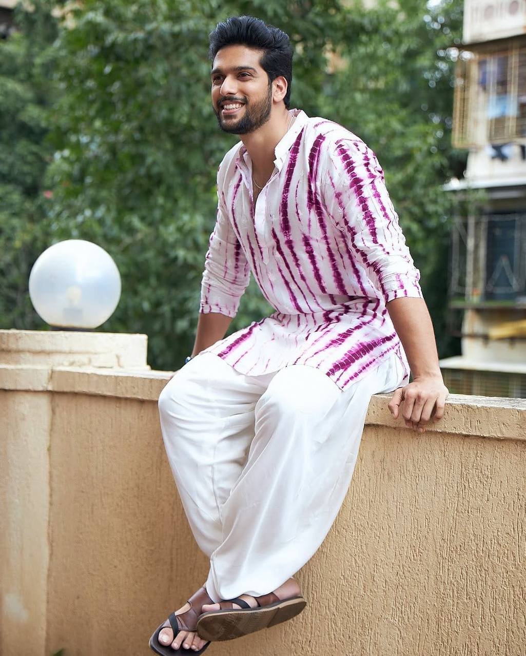 PURPLE TIE & DYE WORK KURTA PAJAM SET FOR MEN