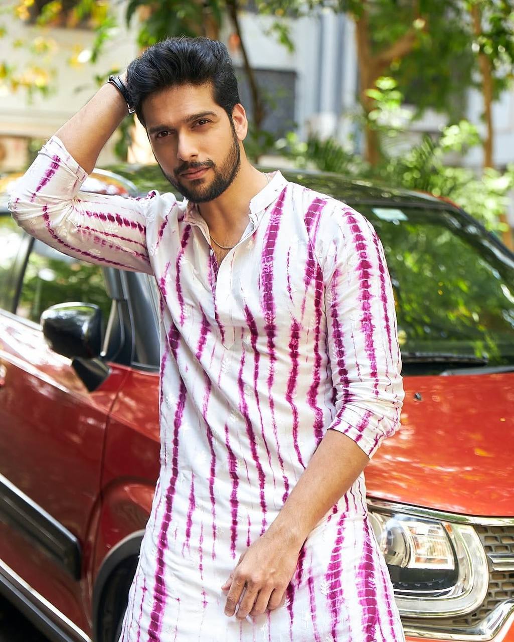 PURPLE TIE & DYE WORK KURTA PAJAM SET FOR MEN