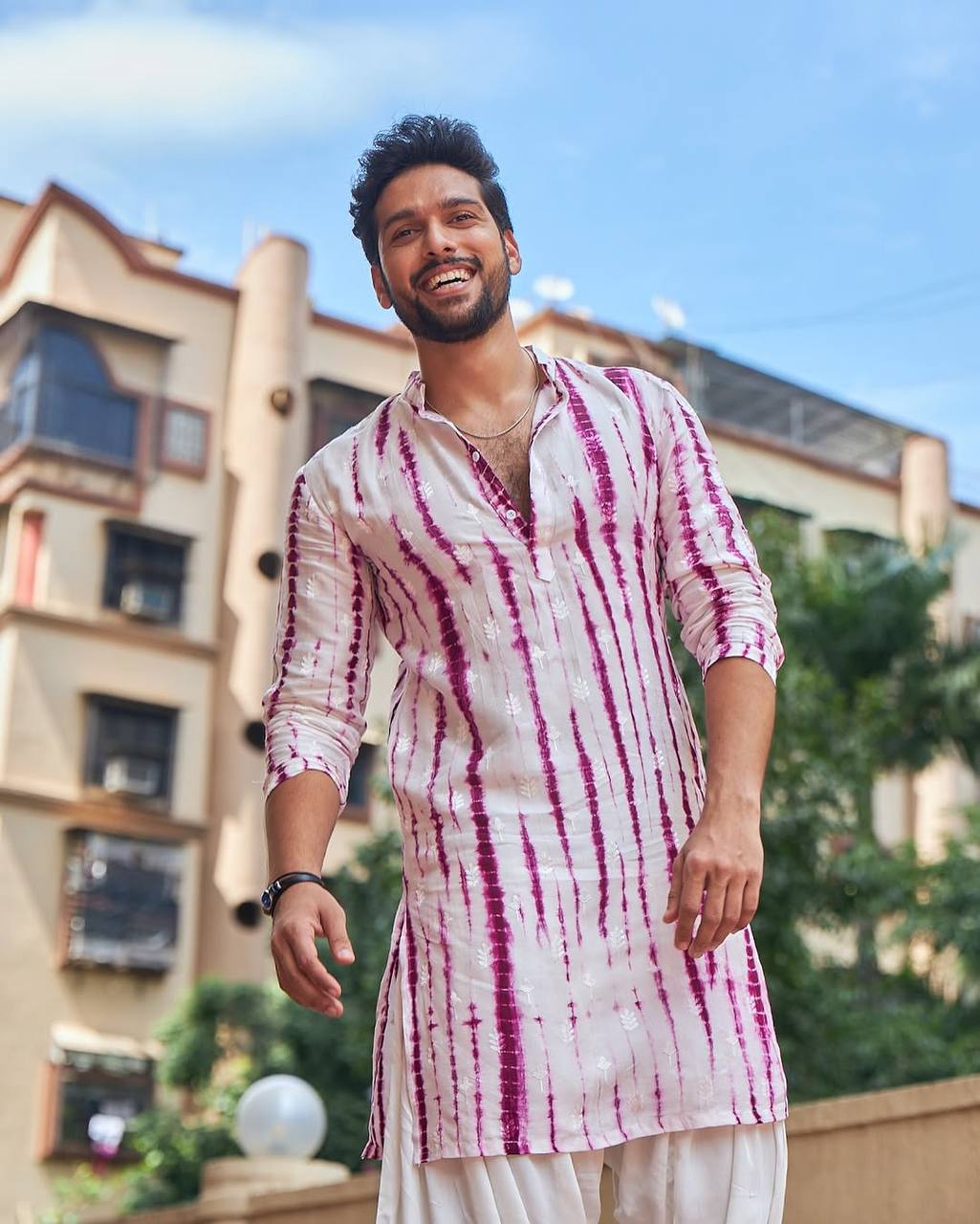 PURPLE TIE & DYE WORK KURTA PAJAM SET FOR MEN