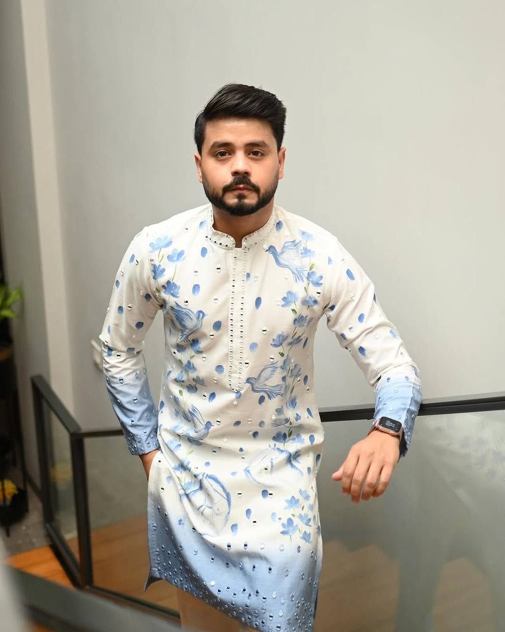 BLUE OMBRE PRINTED AND MIRROR WORK KURTA PAJAMA SET