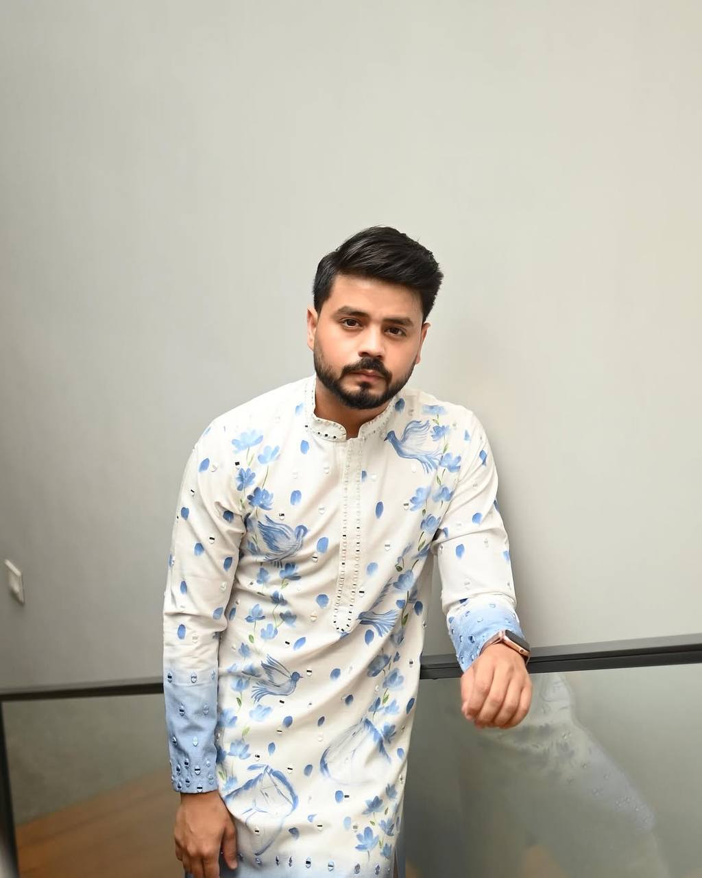 BLUE OMBRE PRINTED AND MIRROR WORK KURTA PAJAMA SET