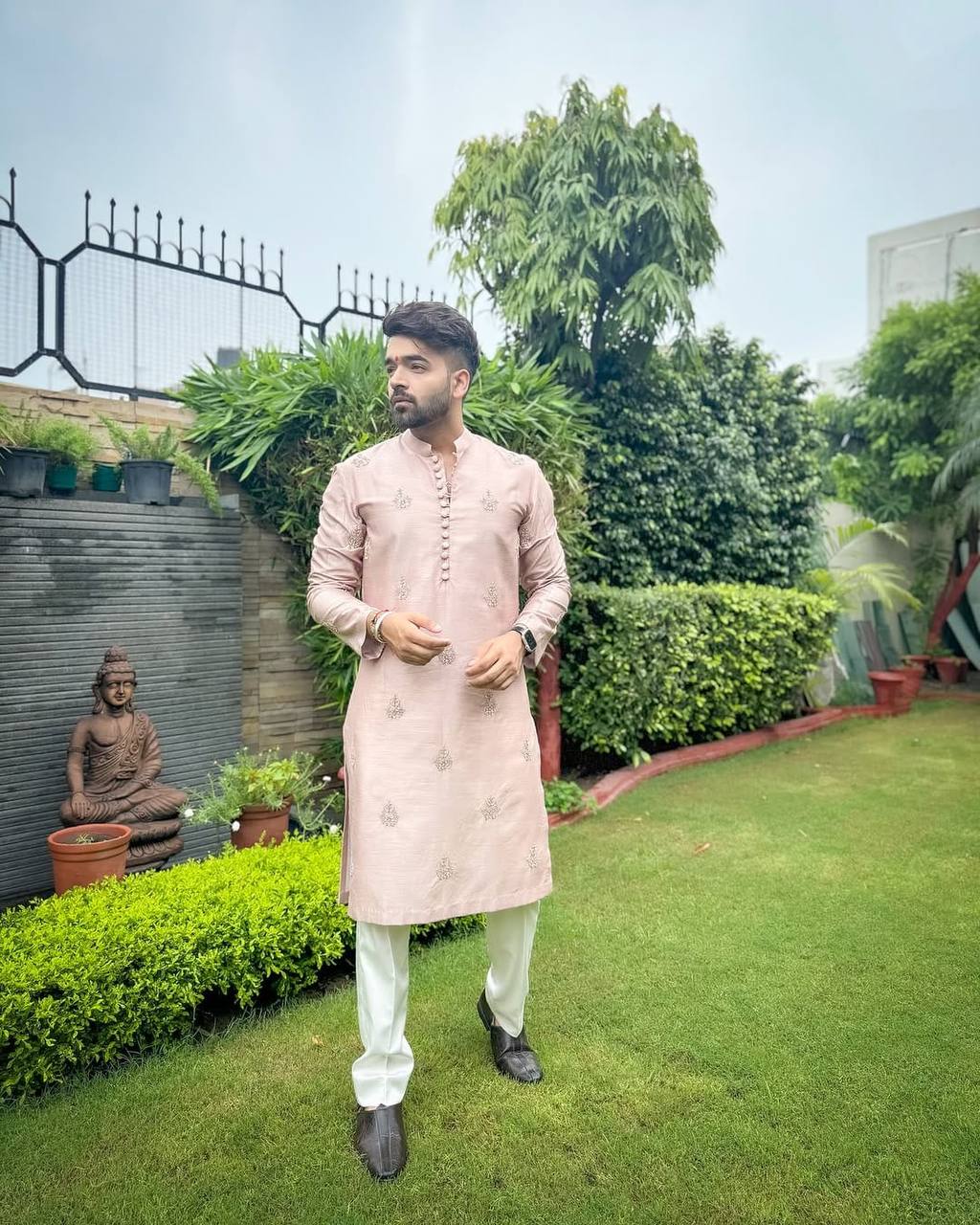 PEACH HEND WORK MOTIF EMBROIDERED KURTA WITH BLACK PAJAMA