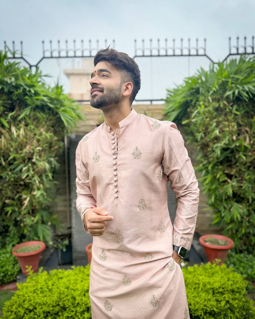 PEACH HEND WORK MOTIF EMBROIDERED KURTA WITH BLACK PAJAMA