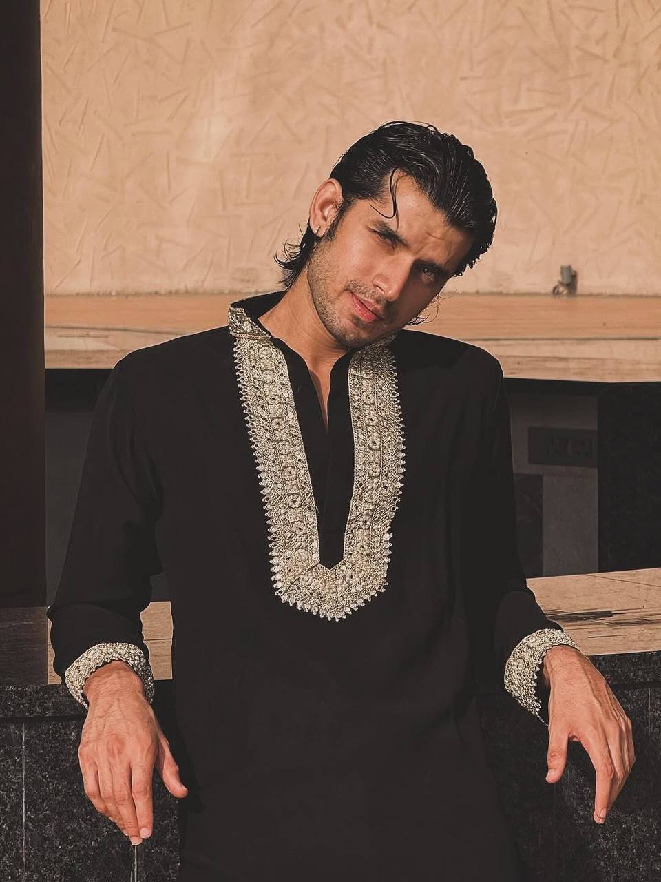 BLACK SILK KURTA WITH GOLDEN ZARI EMBROIDERY