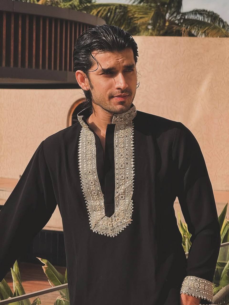 BLACK SILK KURTA WITH GOLDEN ZARI EMBROIDERY