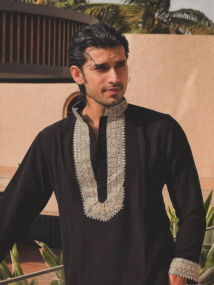 BLACK SILK KURTA WITH GOLDEN ZARI EMBROIDERY