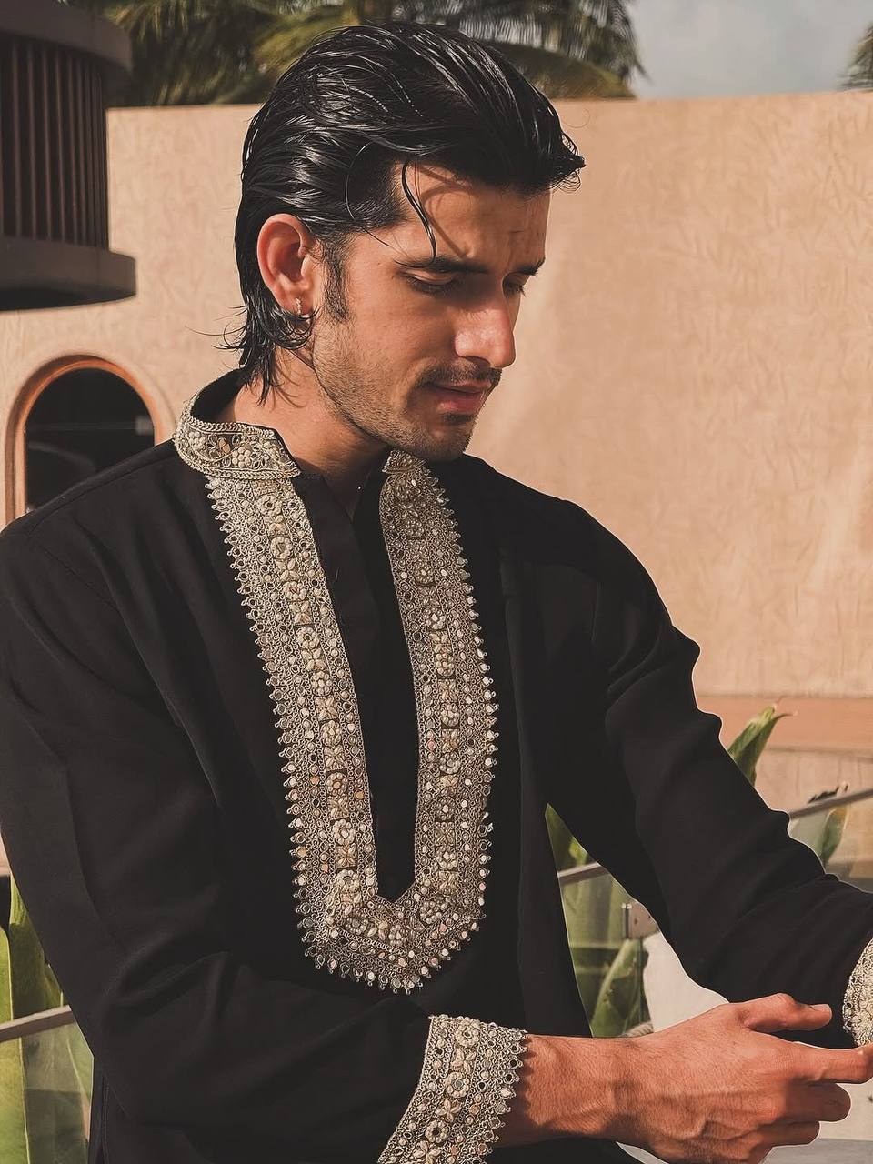 BLACK SILK KURTA WITH GOLDEN ZARI EMBROIDERY