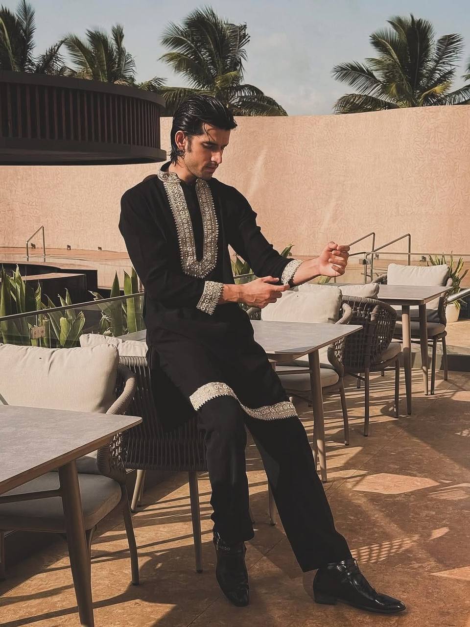 BLACK SILK KURTA WITH GOLDEN ZARI EMBROIDERY