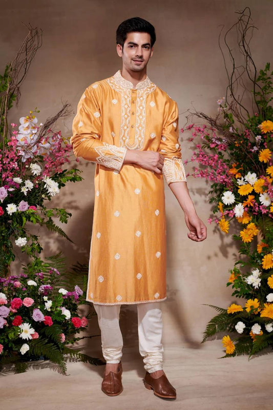 ORANGE NECK AND BUTTI WORK KURTA AND PAJAMA