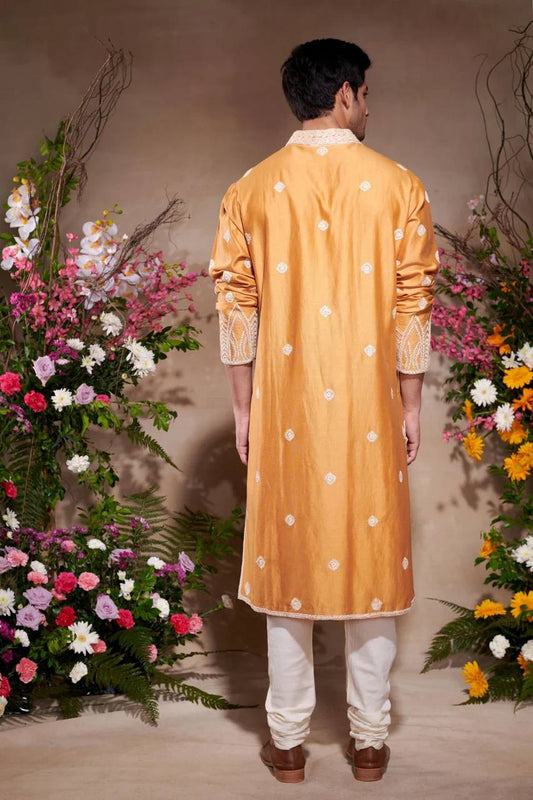 ORANGE NECK AND BUTTI WORK KURTA AND PAJAMA