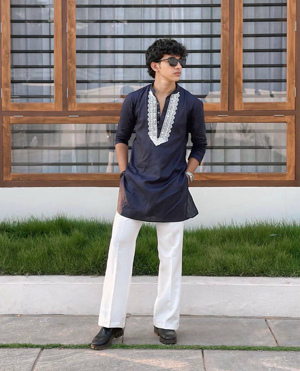 EMBROBLUE V NECK EMBROIDERED THRED KURTA WITH PAJAMA