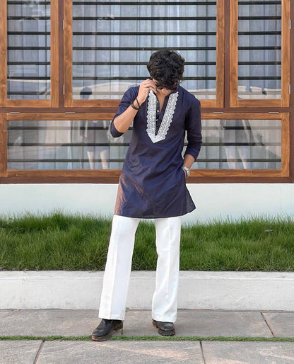 EMBROBLUE V NECK EMBROIDERED THRED KURTA WITH PAJAMA