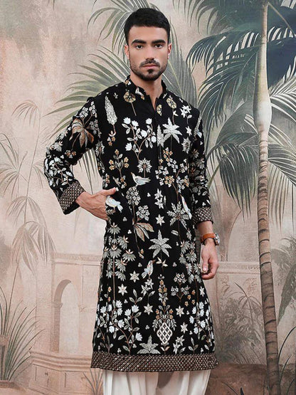MEN'S EMBROIDERED BLACK  KURTA PANT SET
