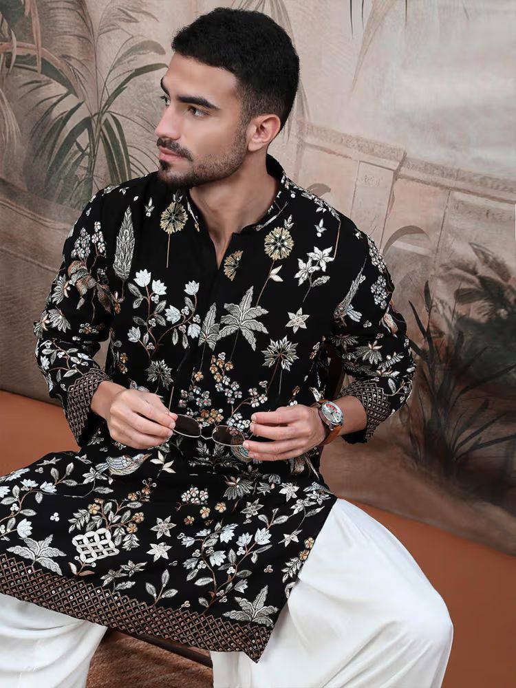 MEN'S EMBROIDERED BLACK  KURTA PANT SET