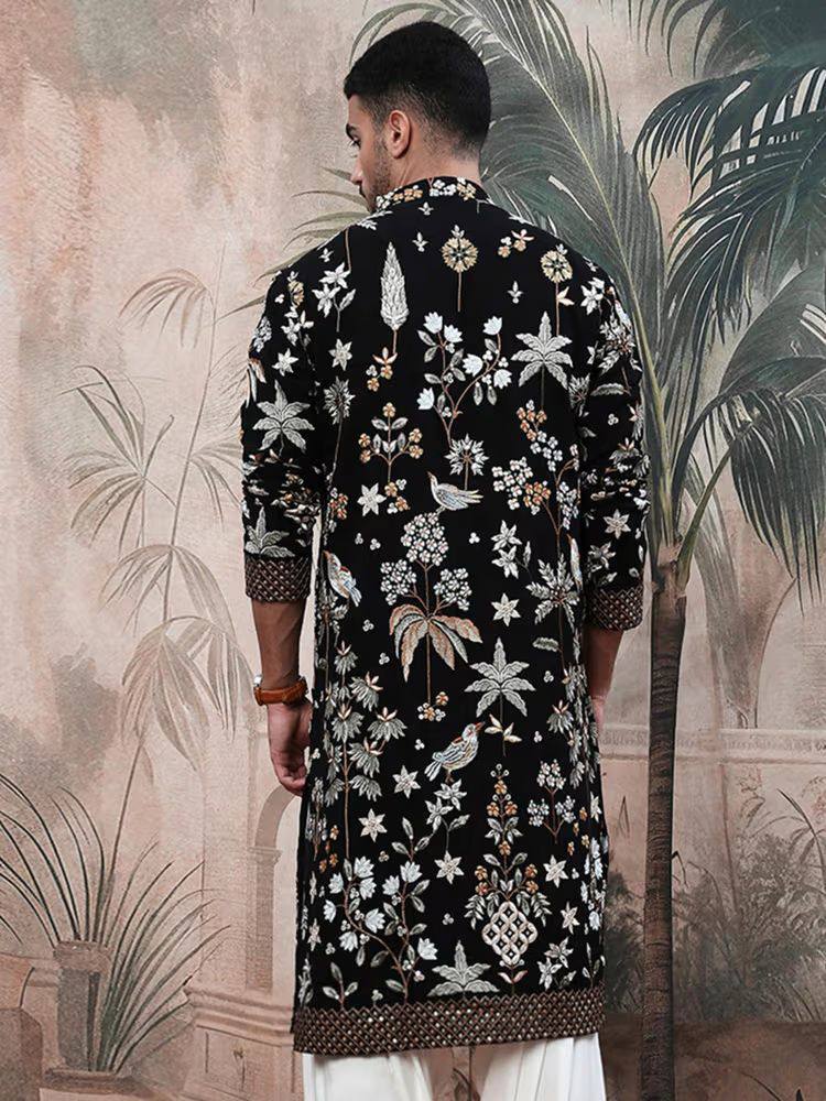 MEN'S EMBROIDERED BLACK  KURTA PANT SET