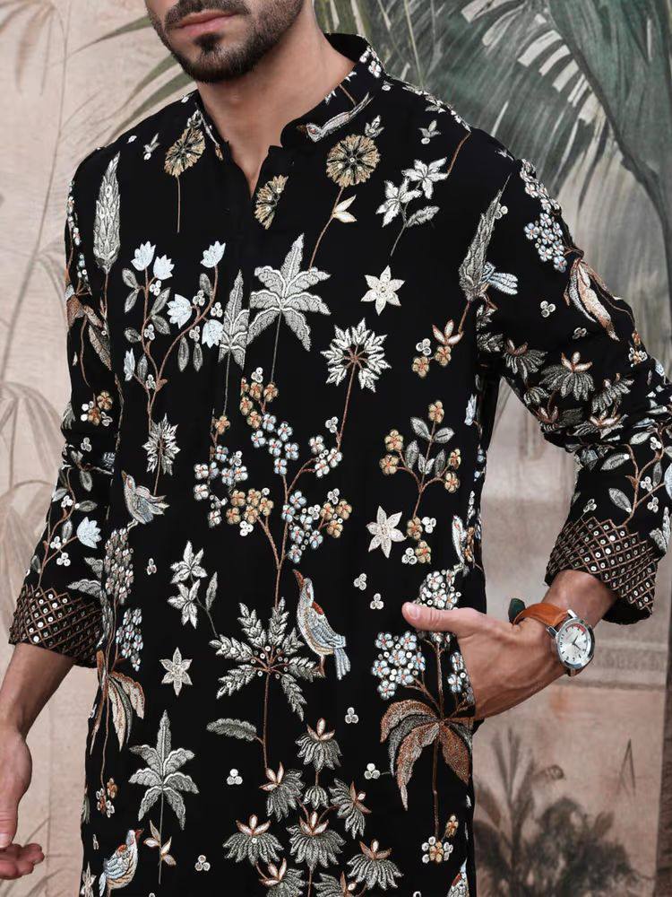 MEN'S EMBROIDERED BLACK  KURTA PANT SET