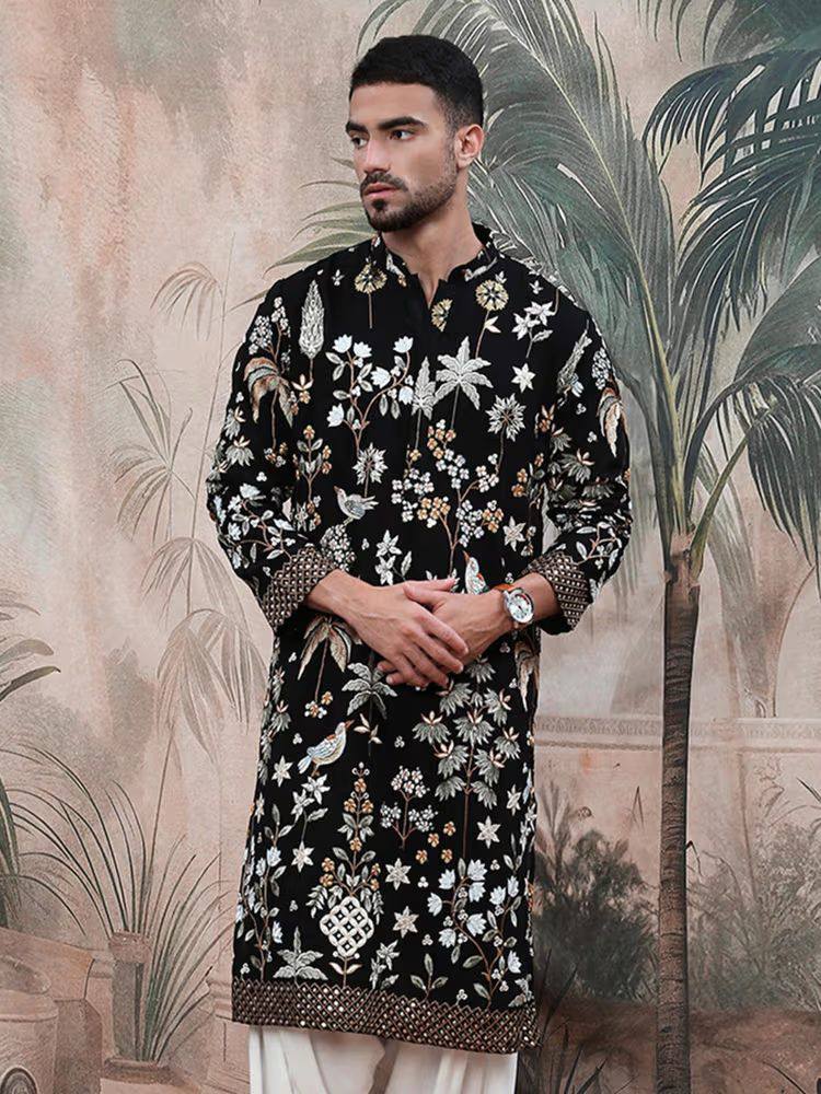 MEN'S EMBROIDERED BLACK  KURTA PANT SET