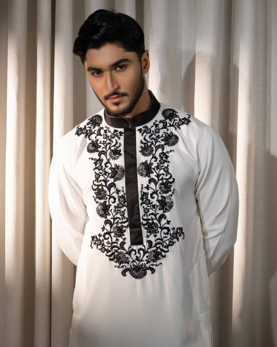 COTTON NECK EMBROIDERED WHITE KURTA WITH BLACK PAJAMA