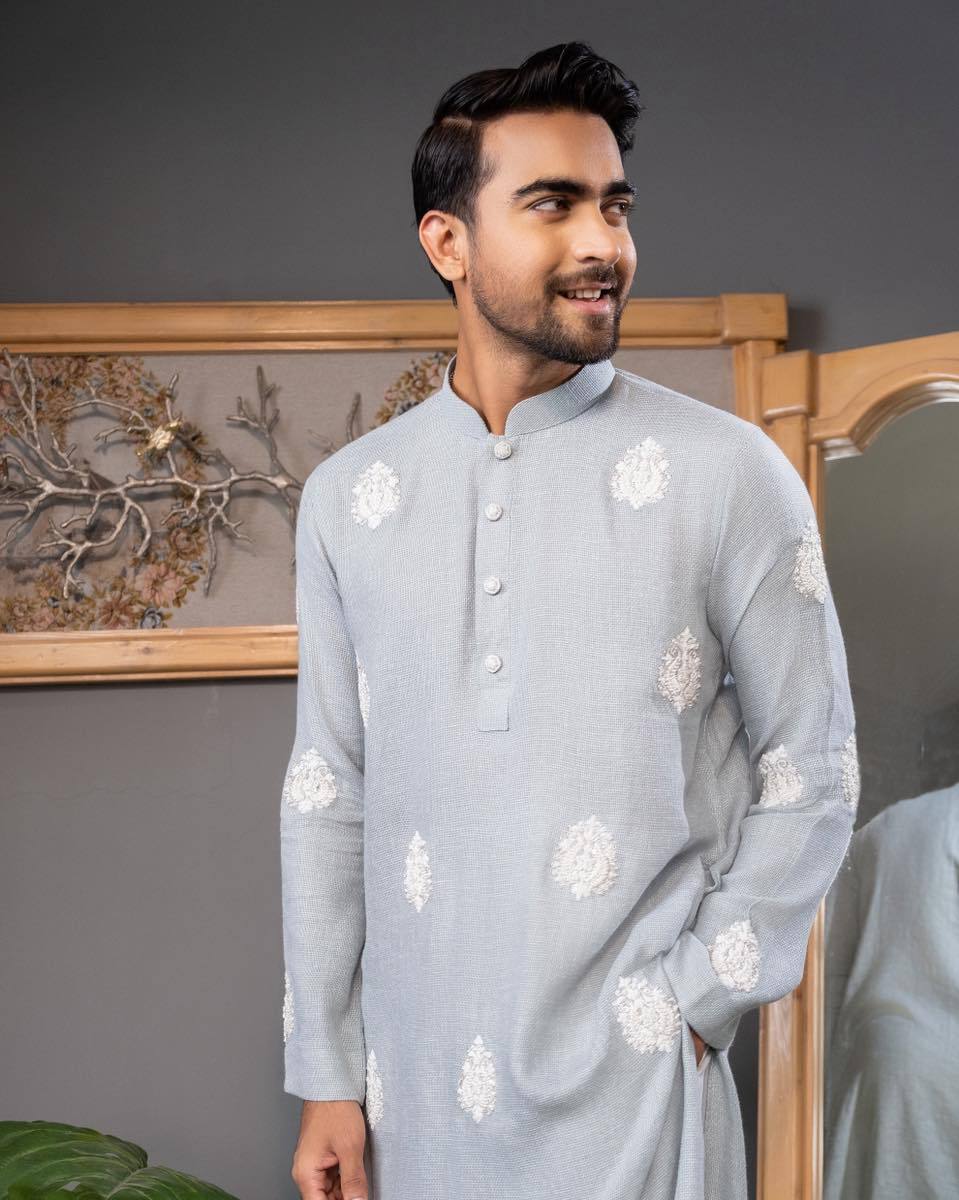 STEEL BLUE EMBROIDERED BUTTI  KURTA WITH  PAJAMA
