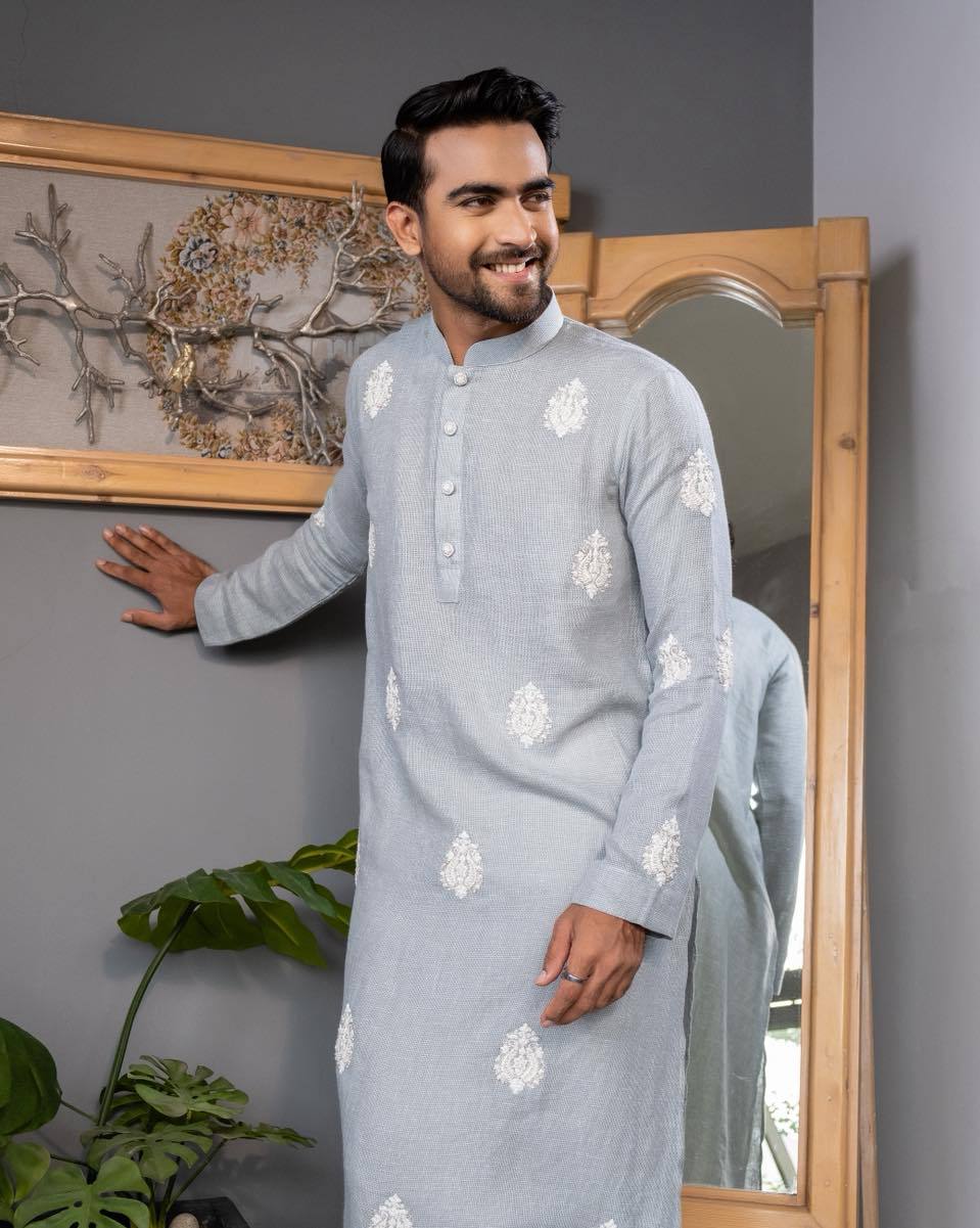 STEEL BLUE EMBROIDERED BUTTI  KURTA WITH  PAJAMA