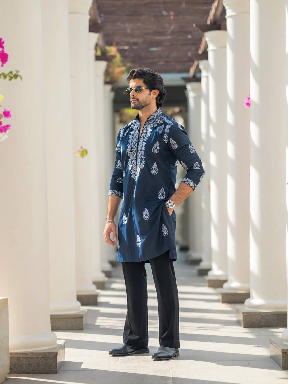OXFORD BLUE NECK EMBROIDERED WORK KURTA WITH PAJAMA FOR MENS