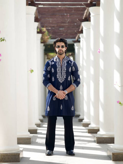 OXFORD BLUE NECK EMBROIDERED WORK KURTA WITH PAJAMA FOR MENS