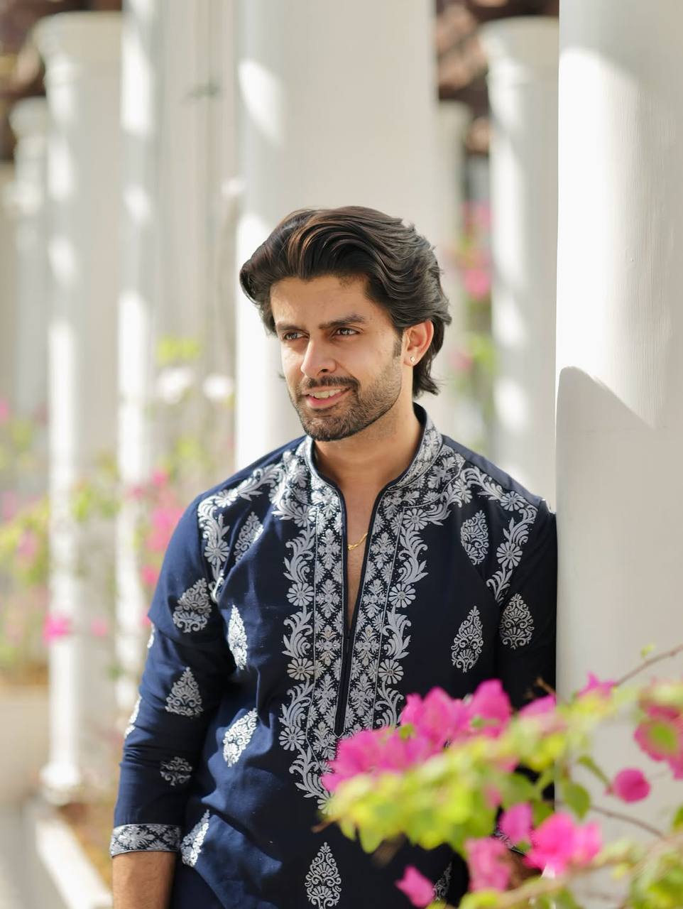 OXFORD BLUE NECK EMBROIDERED WORK KURTA WITH PAJAMA FOR MENS