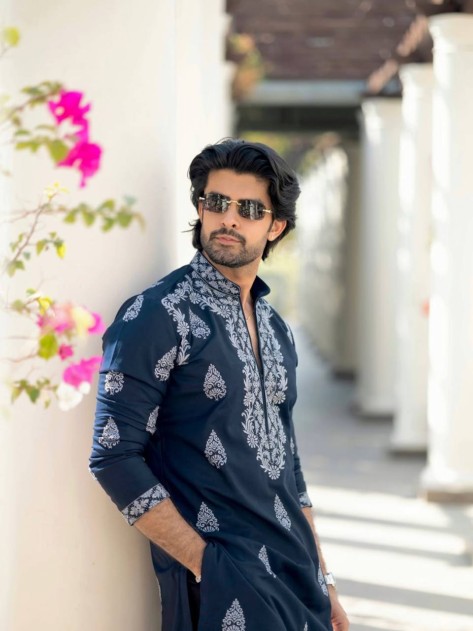 OXFORD BLUE NECK EMBROIDERED WORK KURTA WITH PAJAMA FOR MENS