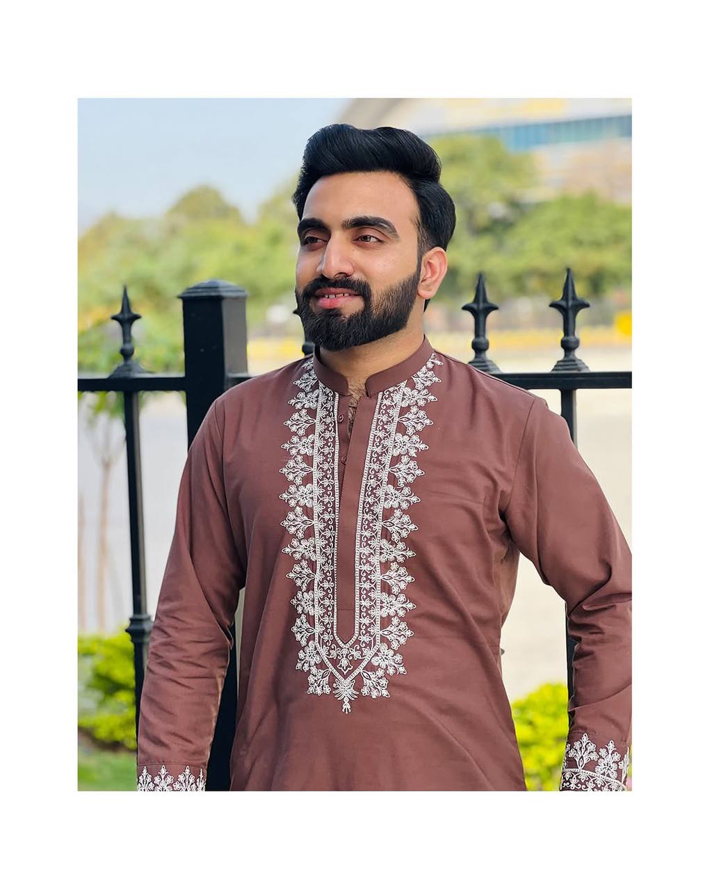 BROWN COTTON EMBROIDERED KURTA WITH PAJAMA SET