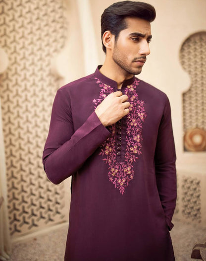 WINE  COTTON EMBROIDERED KURTA WITH PAJAMA SET