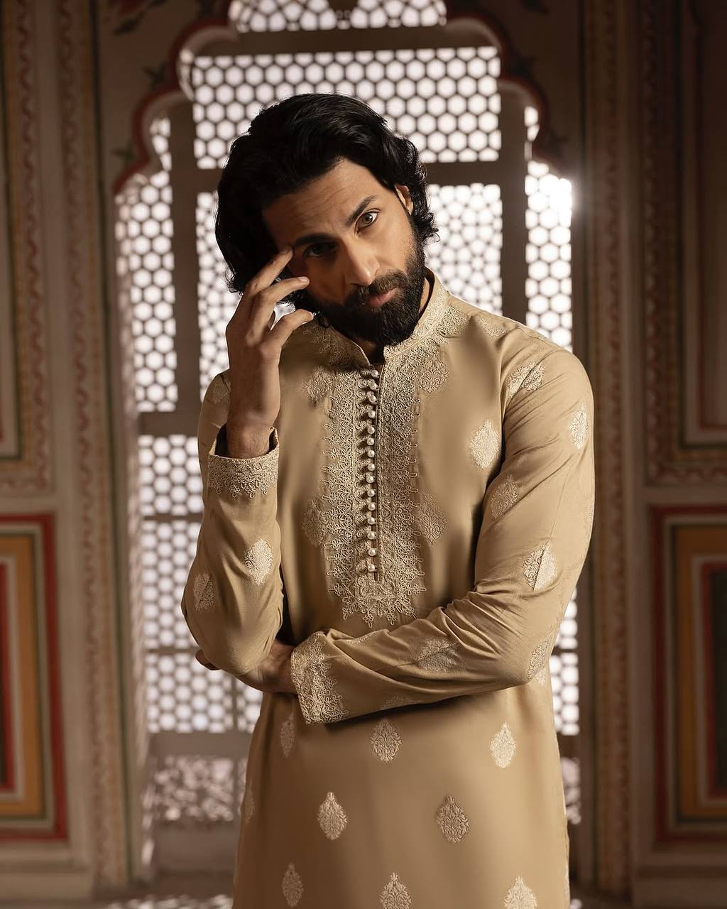 MID CREAM NECK EMBROIDERY WORK MEN'S KURTA