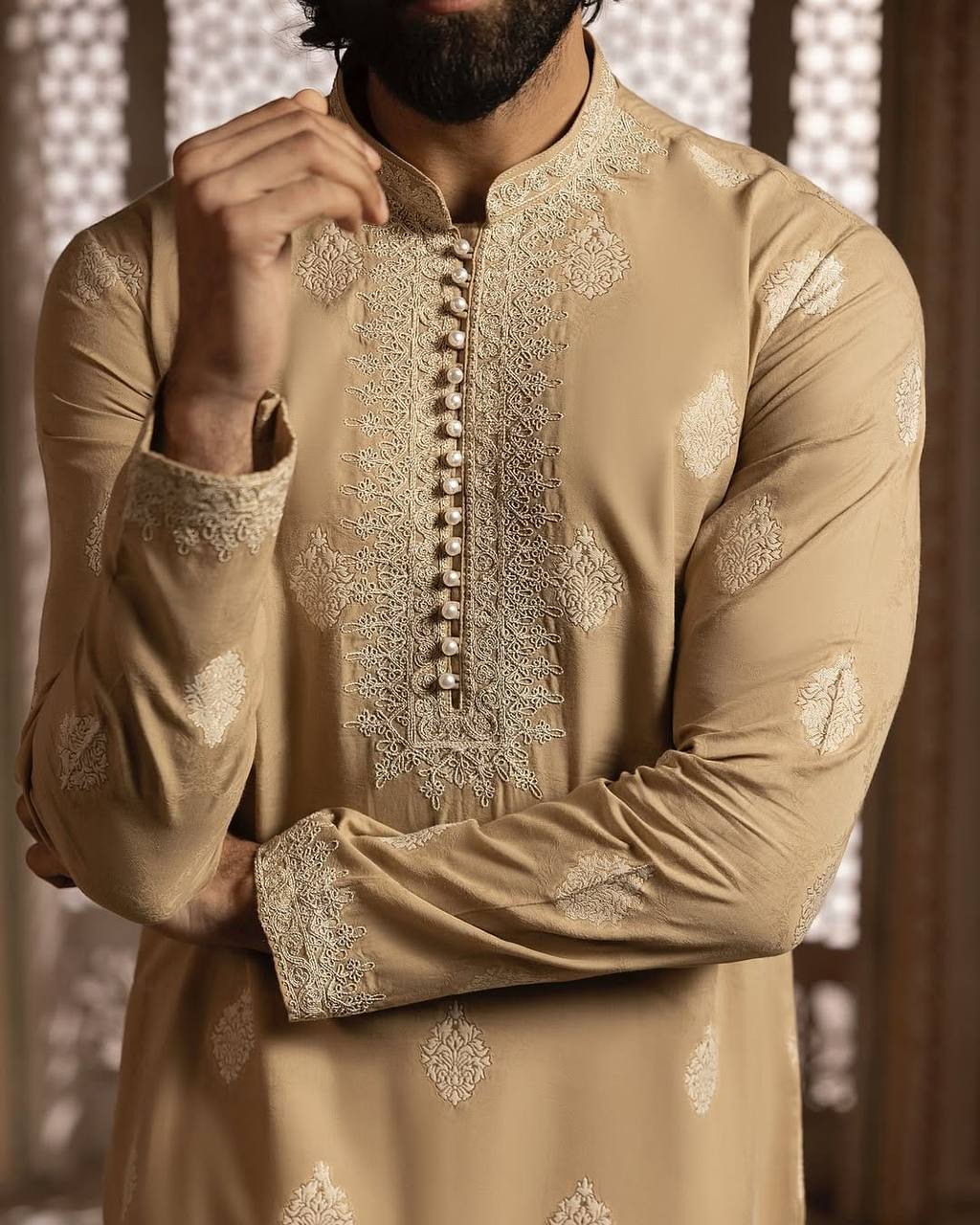 MID CREAM NECK EMBROIDERY WORK MEN'S KURTA
