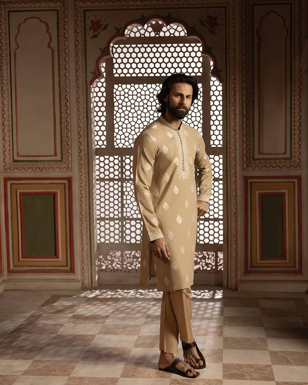 MID CREAM NECK EMBROIDERY WORK MEN'S KURTA