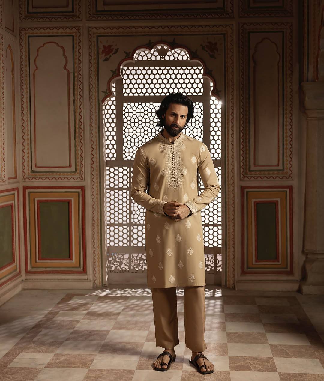 MID CREAM NECK EMBROIDERY WORK MEN'S KURTA