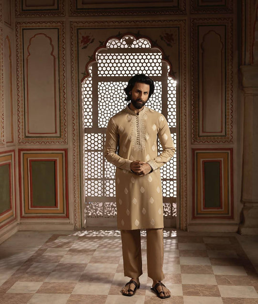MID CREAM NECK EMBROIDERY WORK MEN'S KURTA