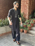 BLACK NECK COTTON EMBROIDERED WORK KURTA PAjaMA SET FOR MEN'S