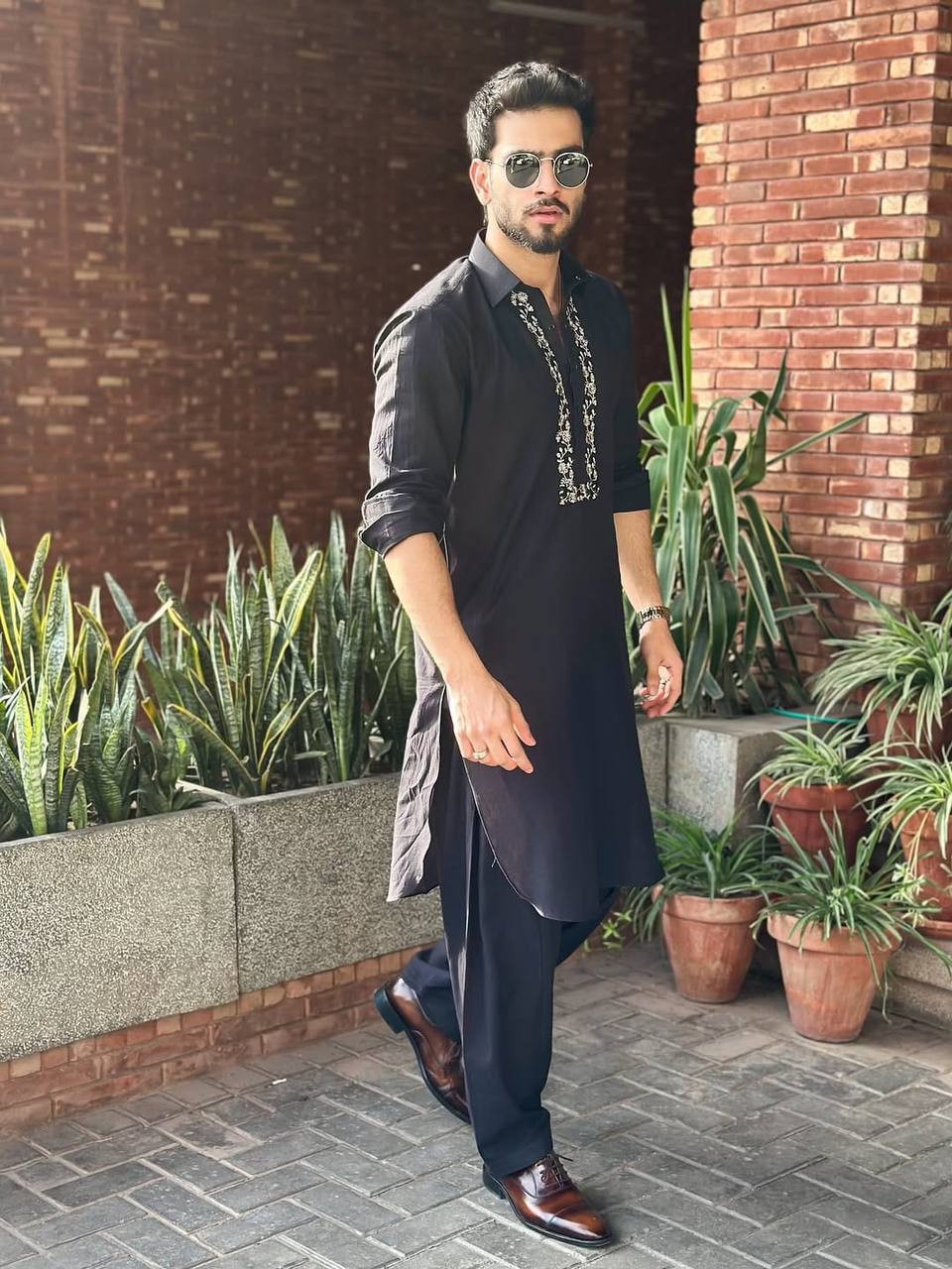 BLACK NECK COTTON EMBROIDERED WORK KURTA PAjaMA SET FOR MEN'S