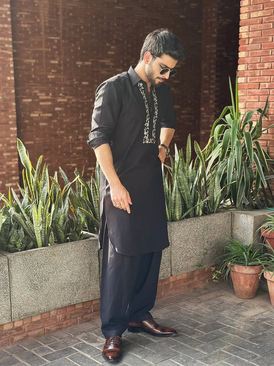 BLACK NECK COTTON EMBROIDERED WORK KURTA PAjaMA SET FOR MEN'S