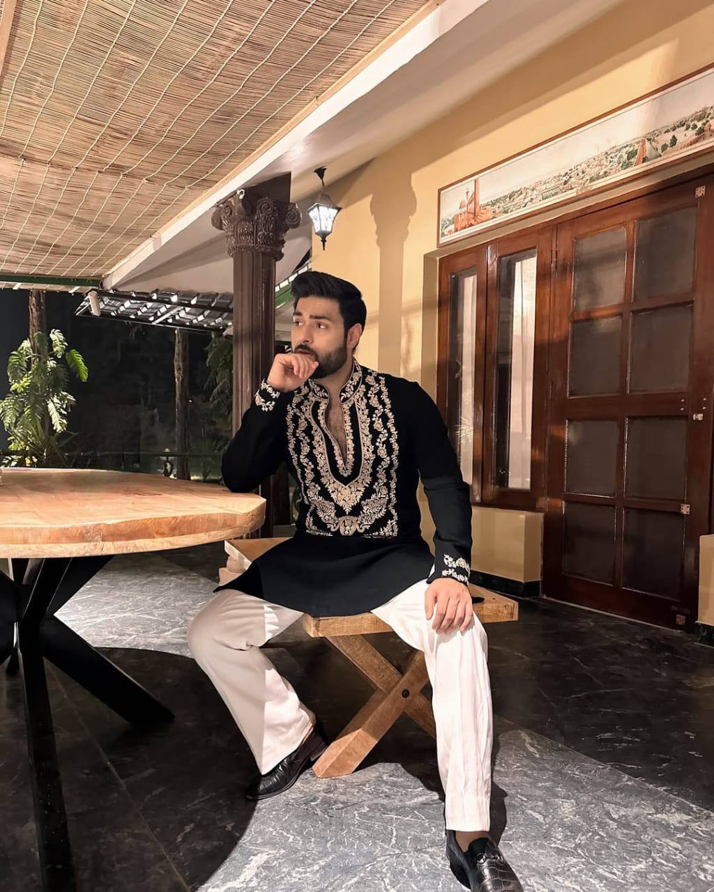 BLACK STYLISH NECK PATTERN  EMBROIDERED WORK KURTA WITH PAJAMA FOR MENS