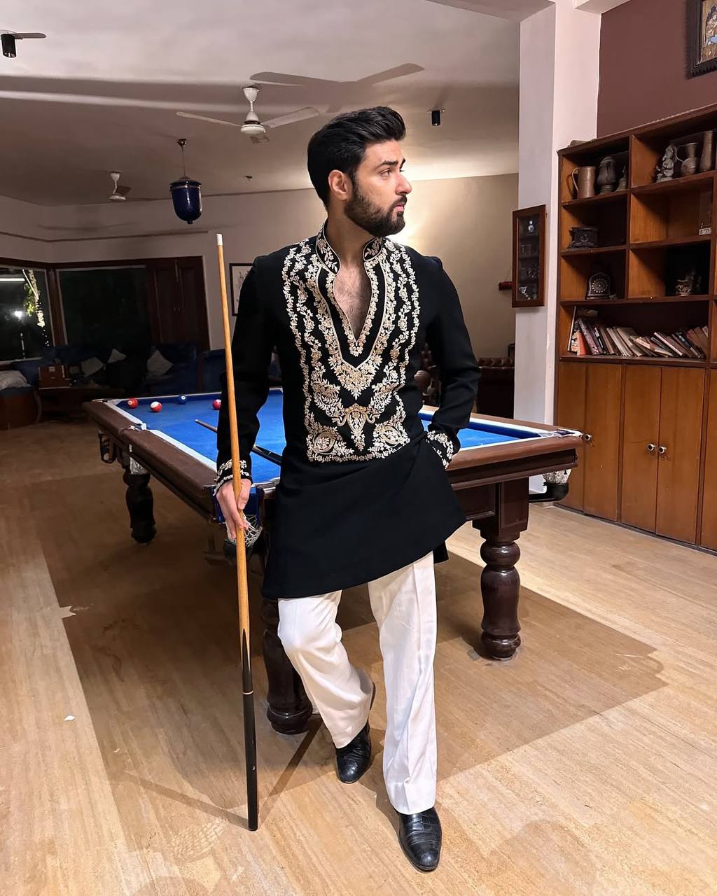 BLACK STYLISH NECK PATTERN  EMBROIDERED WORK KURTA WITH PAJAMA FOR MENS