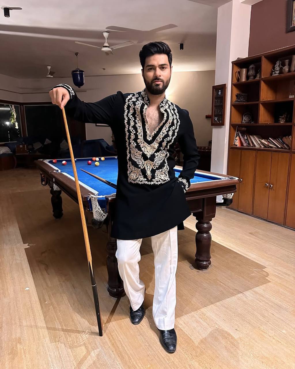 BLACK STYLISH NECK PATTERN  EMBROIDERED WORK KURTA WITH PAJAMA FOR MENS